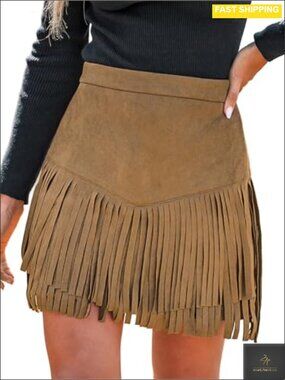 Faux Suede Fringe Mini Skirt High Waist Western